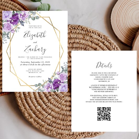Papier Faire-part de mariage à code QR floral violet budg