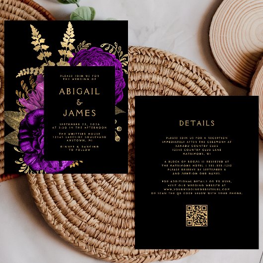 Papier Faire-part de mariage à code QR floral violet mood