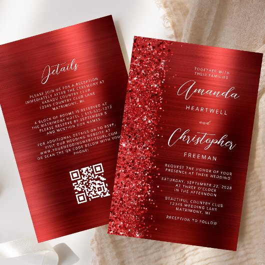 Papier Faire-part de mariage à code QR Glam Rouge Budget