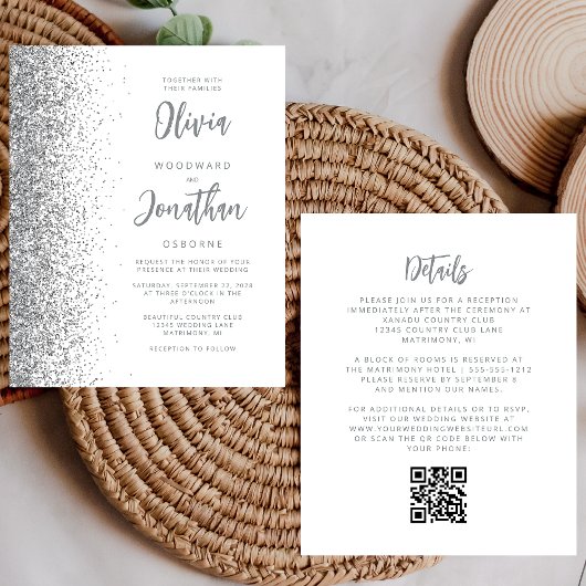 Papier Faire-part de mariage à code QR paillettes argenté