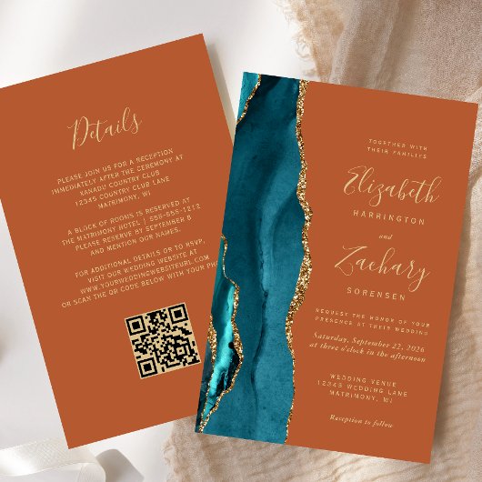 Papier Faire-part de mariage à code QR sarcelle bleu agat