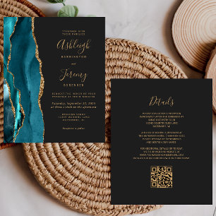Papier Faire-part de mariage à code QR sarcelle doré à pe