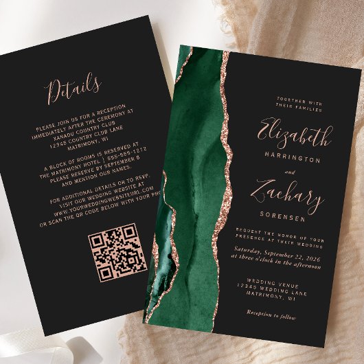 Papier Faire-part de mariage à code QR vert or rose agate