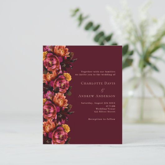 Papier Faire-part de mariage à fleurs de pêche rose borde (Debout devant)