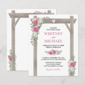Papier Faire-part de mariage à fleurs rose et arche rusti (Devant / Derrière)