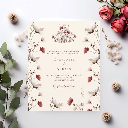 Papier Faire-part de mariage à la crème bordeaux fleur sa