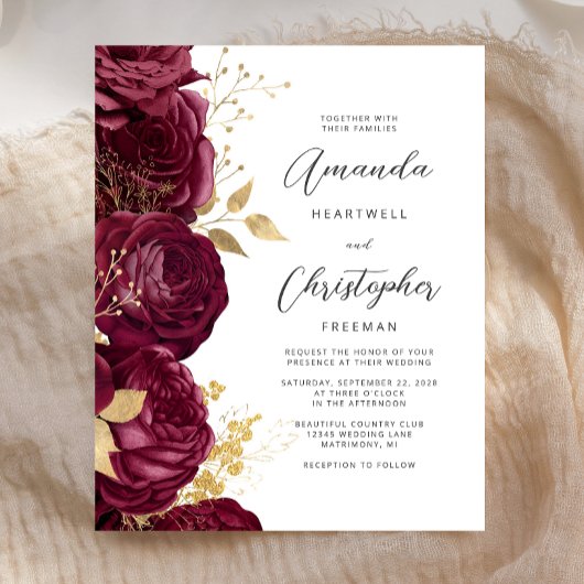 Papier Faire-part de mariage à l'écriture dorée florale d
