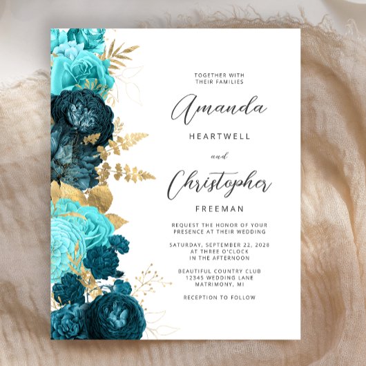 Papier Faire-part de mariage à l'écriture dorée florale s