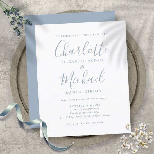 Papier Faire-part de mariage à l'écriture simple bleu pou