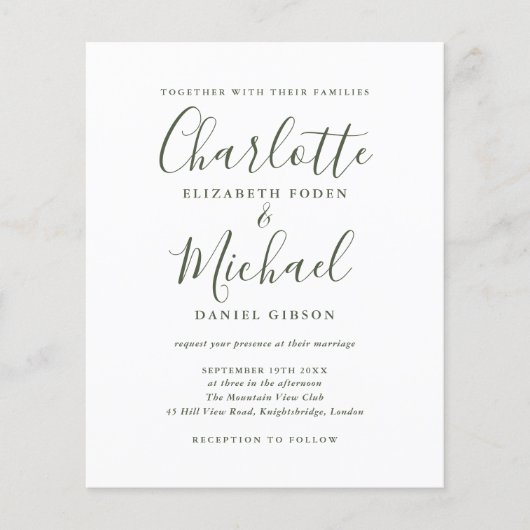 Papier Faire-Part de Mariage à l'Écriture Simple Olive (Devant)