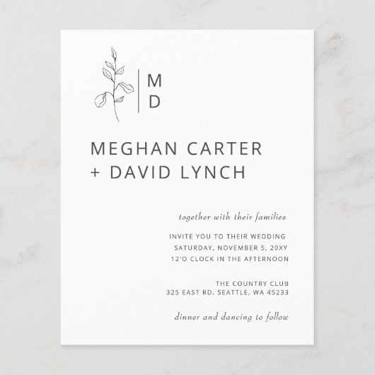 Papier Faire-part de mariage à monogramme botanique sur b (Devant)