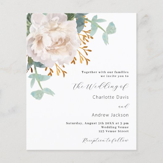 Papier Faire-part de mariage à petit budget fleuri blanc (Devant)