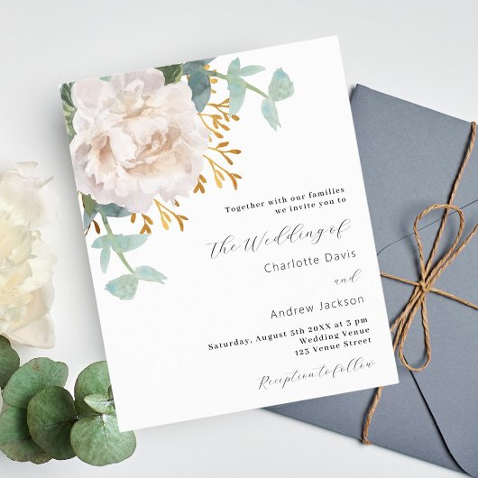 Papier Faire-part de mariage à petit budget fleuri blanc