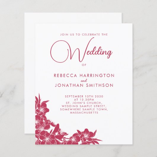 Papier Faire-part de mariage à petit budget magenta rose (Devant / Derrière)