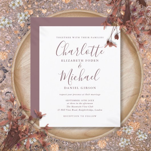 Papier Faire-Part de Mariage à Script Mauve Simple Budget