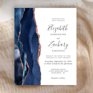 Papier Faire-part de mariage agate bleu marine et or rose