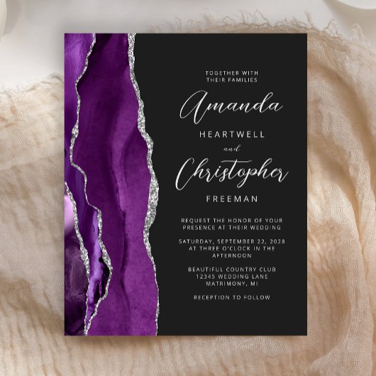 Papier Faire-part de mariage argent agate violet budget f