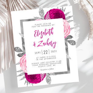 Papier Faire-part de mariage argent et rose vif floral Bu
