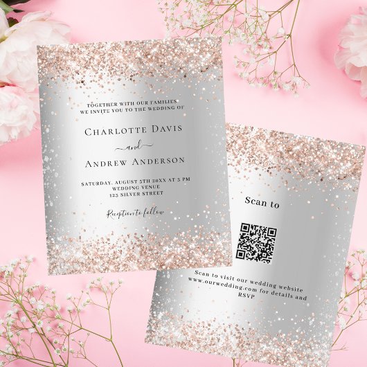 Papier Faire-part de mariage argent or rose QR RSVP budge