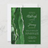 Papier Faire-part de mariage argenté à motif d'agate vert (Devant)