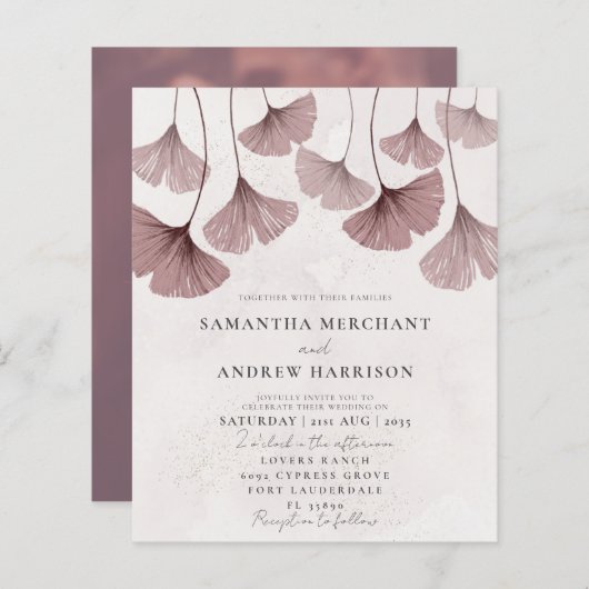 Papier Faire-part de mariage au ginkgo à l'aquarelle rose (Devant / Derrière)