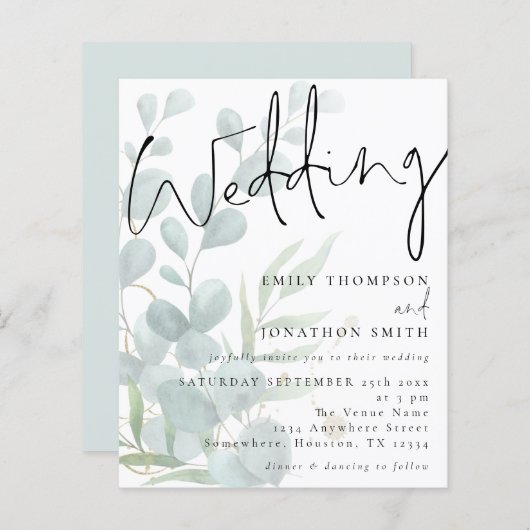 Papier Faire-part de mariage au script moderne et eucalyp (Devant / Derrière)