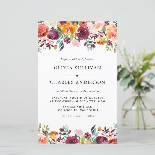 Papier Faire-part de mariage automnal aux fleurs en aquar (Debout devant)