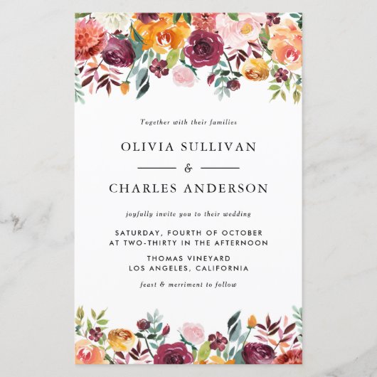 Papier Faire-part de mariage automnal aux fleurs en aquar (Devant)