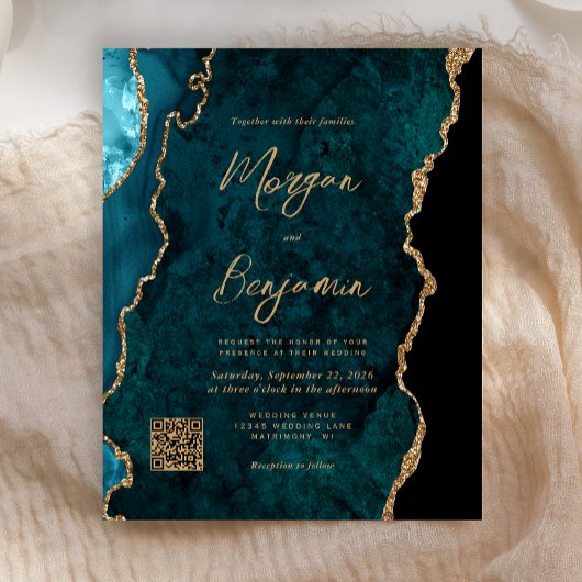 Papier Faire-part de mariage avec code QR Agate Bleu sarc