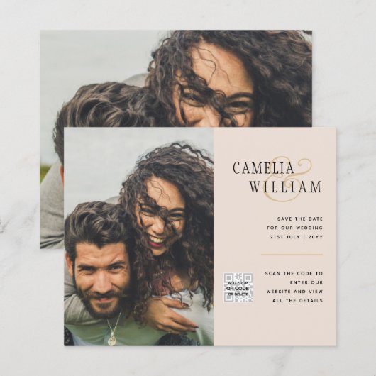 Papier Faire-part de mariage avec code QR Champagne Blush (Devant / Derrière)