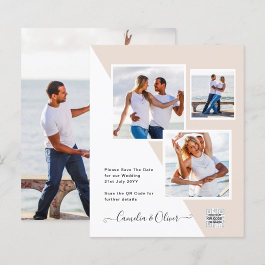 Papier Faire-part de mariage avec code QR Champagne Blush (Devant / Derrière)