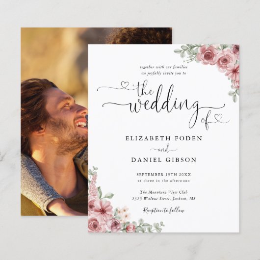 Papier Faire-part de mariage avec photo et écriture flora (Devant / Derrière)