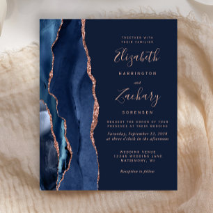 Papier Faire-part de mariage bleu marine agate or rose Bu