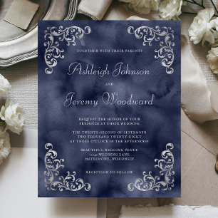Papier Faire-part de mariage bleu marine argenté