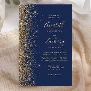Papier Faire-part de mariage bleu marine et or pailleté à