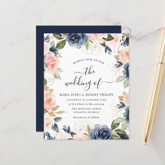 Papier faire-part de mariage bleu marine et rose en écrit (Devant/Arrière en situation)