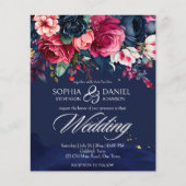 Papier Faire-part de mariage bleu marine rose roses (Devant)