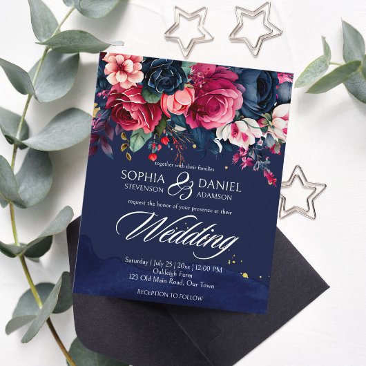 Papier Faire-part de mariage bleu marine rose roses