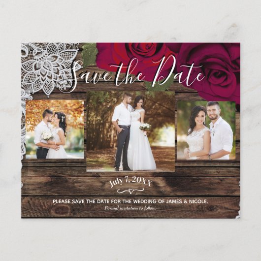Papier Faire part de mariage Bois rustique Roses rouges f (Devant)
