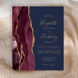 Papier Faire-part de mariage bordeaux agate or marine pas