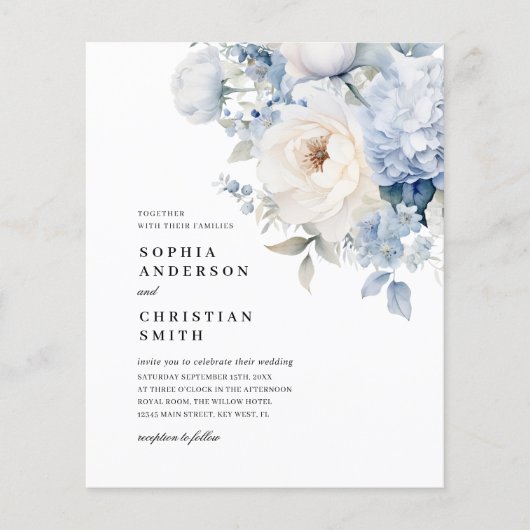 Papier Faire-part de mariage Budget bleu et blanc (Devant)