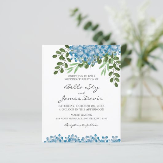 Papier Faire-part de mariage Budget Blue Hydrangeas (Debout devant)