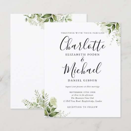 Papier Faire-Part de Mariage Budget Feuillage Vert (Devant / Derrière)