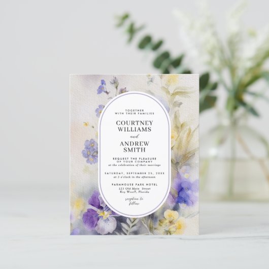 Papier Faire-part de mariage Budget Fleurs violettes et j (Debout devant)