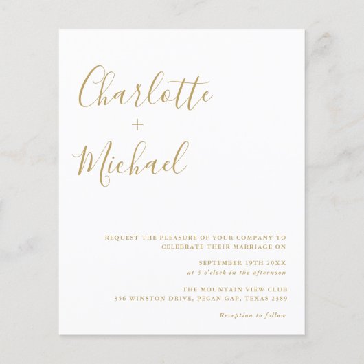 Papier Faire-part de mariage Budget Gold Signature Script (Devant)