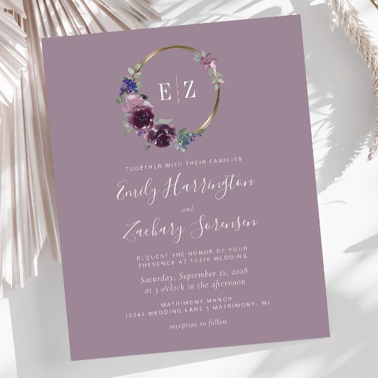 Papier Faire-part de mariage Budget Monogram Violet Couro