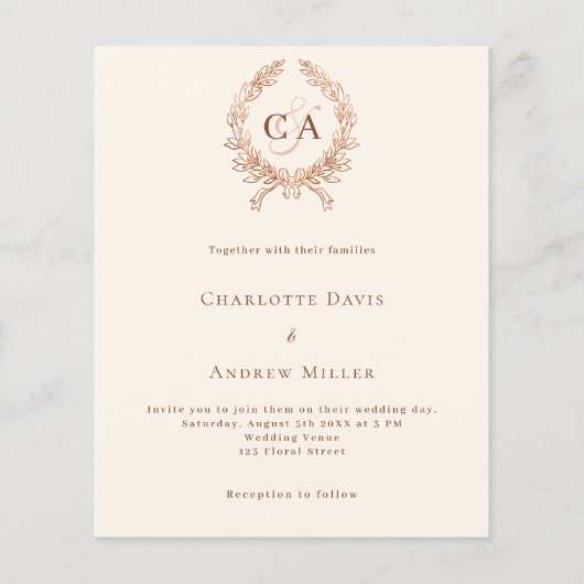 Papier Faire-part de mariage budget monogramme beige (Devant)