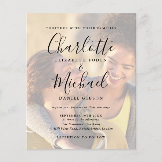 Papier Faire-part de mariage Budget noir Script 2 Photos (Devant)