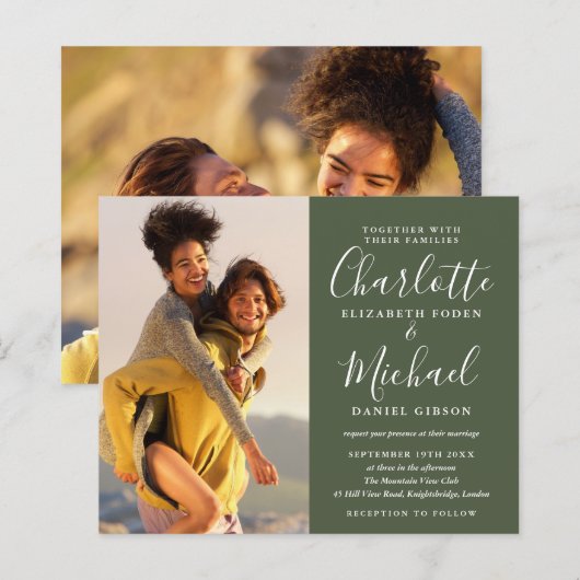 Papier Faire-part de mariage Budget Olive Script Photos (Devant / Derrière)