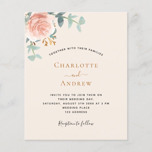 Papier Faire-part de mariage budget or rose beige (Devant)